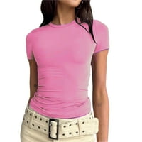Charella женски късо ръкав тънък пуловер тениска с твърди цветове Основи Crewneck Небрежно горно розово, S