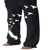 Мъже плюс размер Птици от печат на талия Панталони Сплавници с сплитане на джобни панталони Небрежни панталони с пълна дължина