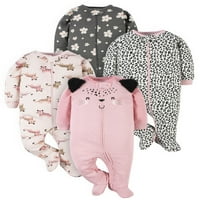 Gerber Baby Girl Sleep 'n Play Footed Pajamas, 4-Pack