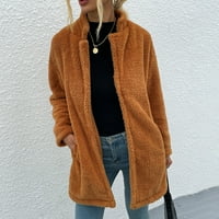 Дамски Плътен цвят Ревера обратимо кадифе голям джоб средно дълго палто пуловер дълъг ръкав Без качулка Случайни палто яке