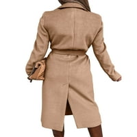 Дамски назъбени ревери палта, класически дълъг ръкав плътен цвят Колан палто зимно палто