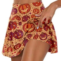 Ризи за Хелоуин за жени Дамски есенни модни жени Хелоуин печат Атлетична еластична плисирана тенис поли управляват йога вътрешни къси панталони еластични спортове голф скерт оранжев m