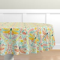 Памучен сатен покривка, 90 кръг - народно изкуство флорална мента Peach Goread Dragonfly Blush Print Персонализирана маса за маса с лъжица