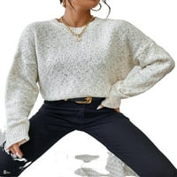 Небрежни обикновени кръгли пуловери с дълъг ръкав бели женски пуловери