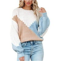 Намален дамски пуловер кръгло деколте пуловер пуловер цветен блок от свободното време средна дължина дълъг ръкав екипаж на врата съвпадащи върхове блуза плетен пуловер