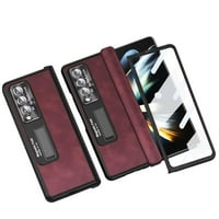 Monsdirect за Samsung Galaxy Z Fold 5G калъф, мека кожа и калъф за рамка с магнитна шарнирна и скрита скоба, протектор на екрана и рамка за защита на обектива за Galaxy Z Fold 4, червено