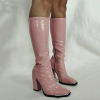 Ботуши със средна клетка за жени токчета удобни обувки ретро ботуши с висок цвят средни жени солидни цип женски ботуши Pu ток сандали розово розово