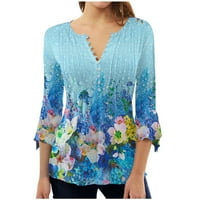 Дамски върхове и блузи ръкав v-образен печат ежедневно пролетни летни ризи за тренировки за жени на клирънс небесно синьо раз размер m