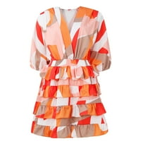 Дамски Мини Ръкав Мода А-линия отпечатани в-Деколте лятна рокля оранжев 2хл