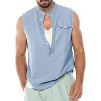 Wendunide Polo ризи за мъже Мъжки пролет лято памучно бельо чист цвят ежедневни бутони без ръкави ризи върхове блуза син m