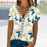 Плюс Дамски върхове клирънс, дамски модни тениска Флорални печатни Дантела три къс ръкав блуза в-врата ежедневни върхове