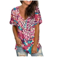 Дамски блузи дамски летни блузи ежедневни модни блузи с къс ръкав в Деколте Тениски големи флорални ризи Сладки тениски отпечатани върхове капка рамото ръкав върх