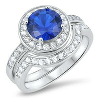 Сребърен син сапфир халос халат годежен пръстен комплект