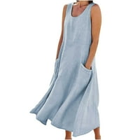 Дамски рокли лятна мода Дамски ежедневни Плътен цвят без ръкави памук бельо дълга рокля