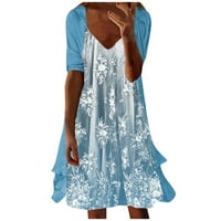 Дамски рокли Clearance ръкав A-Line Midi рокля, свободна отпечатана V-образна летна рокля Blue s