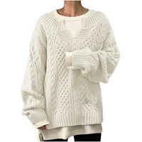 Absuyy пуловери за жени Просвещение твърд цвят Небрежно плетене пуловер свободен дълъг ръкав v Врат пуловер Топ бял размер s