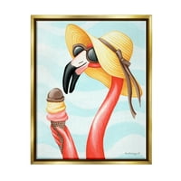 Ступел индустрии лято Фламинго слънце шапка наслаждавайки сладолед конус графично изкуство металик злато плаваща рамка платно печат стена изкуство, дизайн от Амели Лего