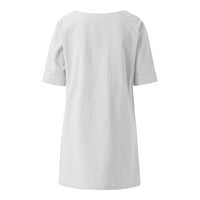 Дианли ризи за жени с къс ръкав V-образен солидни летни основни върхове Небрежно нередовно меко памучно бельо плюс размер блуза с джобни бяло l