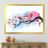 Дизайнарт 'Розова Птица, Седнала На Черешов Клон' Традиционен Арт Принт В Рамка