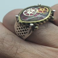 Реколта мъжки пръстен в Стерлингово сребро ударения с 14к злато персийски стил с уникален часовник части колаж