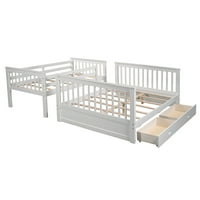 Аукфа двуетажно легло с чекмедже за съхранение, рамка за легло от борово дърво и стълба с предпазни парапети за момчета и момичета, Бяло