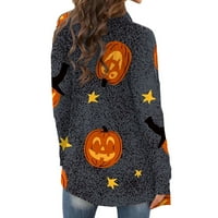 Mlqidk жилетка за жени модерни Хелоуин забавен сладък тиквен принт пуловери с дълъг ръкав отворен преден жилетка Блуза леко палто тъмно сиво xxxxxl