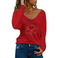 Мода жена в-врата Дълъг ръкав тениска Есен печат хлабав блуза върхове Модерен Дълъг ръкав ризи за жени