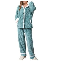 Намалени Дамски зимни пухкави Пижами комплект руно Бутон надолу върхове и панталони плюшени шезлонги спално облекло
