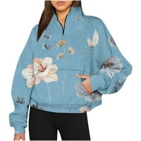 Плюс размер качулки с дълъг ръкав за жени стоят с врата цип пуловер с джобове свободни винтидж флорални отпечатани суичъри