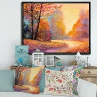 Дизайнарт 'Есенна Гора Оранжеви Листа Пейзаж С Пътека' Езеро Къща Рамкирани Платно Стена Арт Принт