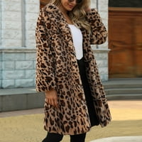 Жени fau fur coat- дами топло яке от козина от фау зима зима леопард отхвърлете яката връхни дрехи кафяво xl