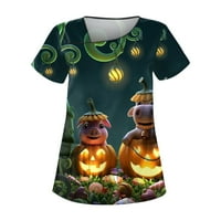 Bazyrey Halloween Scrub Tops Жени плюс размер ежедневно Хелоуин отпечатано работно облекло с къс ръкав с двоен джобен топ оранжев 3xl