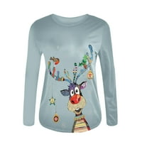 Olyvenn Sleeve Crew Tops Blouse Fashion Ladies Loose Casual Christmas Trendy Cartoon Cute Deers Print ризи за жени женски свободно време светло синьо xxl