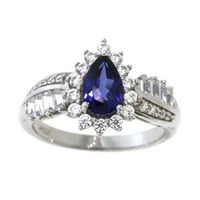 Блясък фини бижута стерлинги сребро създаден круша форма син сапфир и бял ЦЗ кубичен цирконий симулирани диамант ореол годежен пръстен