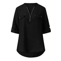 Jjayotai жени плюс разтвор за разстояние Топ женски летни ризи с дълъг ръкав цип ежедневна туника V-образно преобръщане на блуза върхове Rollbacks Black