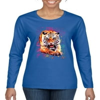 Дива боби, тигър ръмжене на цветни трипиеви вратовръзки за животни за животни Женски графична тениска с дълъг ръкав, кралска, 2XL