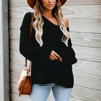Дамски Пуловер в-врата хлабав дълъг ръкав основен пуловер Топ случайни плетени джъмпер Черно Размер хл