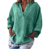 Женски ежедневни разхлабени памучни ленени ризи огромни дълги ръкави v шия блуза върхове леки твърди цветни тройници
