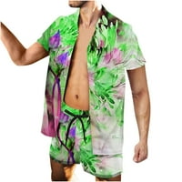 Мъжки ежедневни хавайски комплекти големи и висок 3D бутон за тропически печат надолу с къси ръкави с яка от кардиган и къси панталони ежедневни летни морски два зелени XL