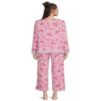 Блуза с дълъг ръкав с дантела и панталон комплект пижама, 2 части, Дамски