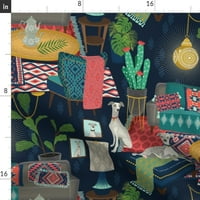 Памучна сатена покривка, 70 кръг - Kilim Boho сцена Хрътка Whippet Folk Art Цветно геометрично печат по поръчка на маси за маса от лъжица