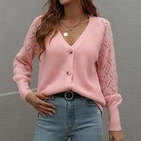 Voncos дамски пуловер пуловер просвета ежедневно- лек дълъг ръкав v бутони за врата Плетене на плътен цветен пуловер за жени плюс размер розов размер l