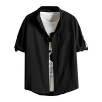 Плюс размер памучен бельо с копче за копче за мъже с къс ръкав ежедневна риза топ лек плътно цвят извънгабаритен покцет лятна риза M-5XL