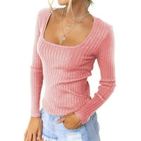 Дамски блузи лъжичка шия твърда блуза ежедневни жени с дълъг ръкав тий блузи розови 2xl