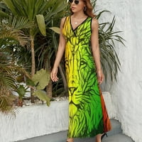 Rasta Lion Women's Maxi рокля лято V шия без ръкави смешни отпечатани рокли