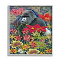 Ступел индустрии горила стои зад тропически цветя Геометричен модел сив рамка, 20, дизайн от Сангита Бачелет