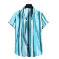 Мъжки модни памучни спални ивици от печат с къс ръкав риза блуза отгоре синьо m