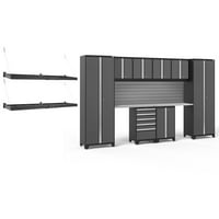 Newage Products Pro Series Grey Cabinet Set, тежкотоварна система за съхранение на гараж с 18 калибри, включен шелф за стена на Slatwall