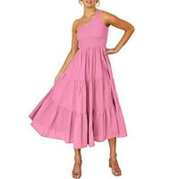 Течащи рокли за жени Макси Едно рамо без ръкави твърд розов XL
