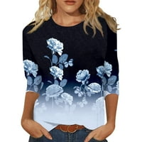 Дамски Ризи подходящи тениски за жени летни върхове около врата Три четвърти ръкав Удобни флорални Блуза печат син размер М